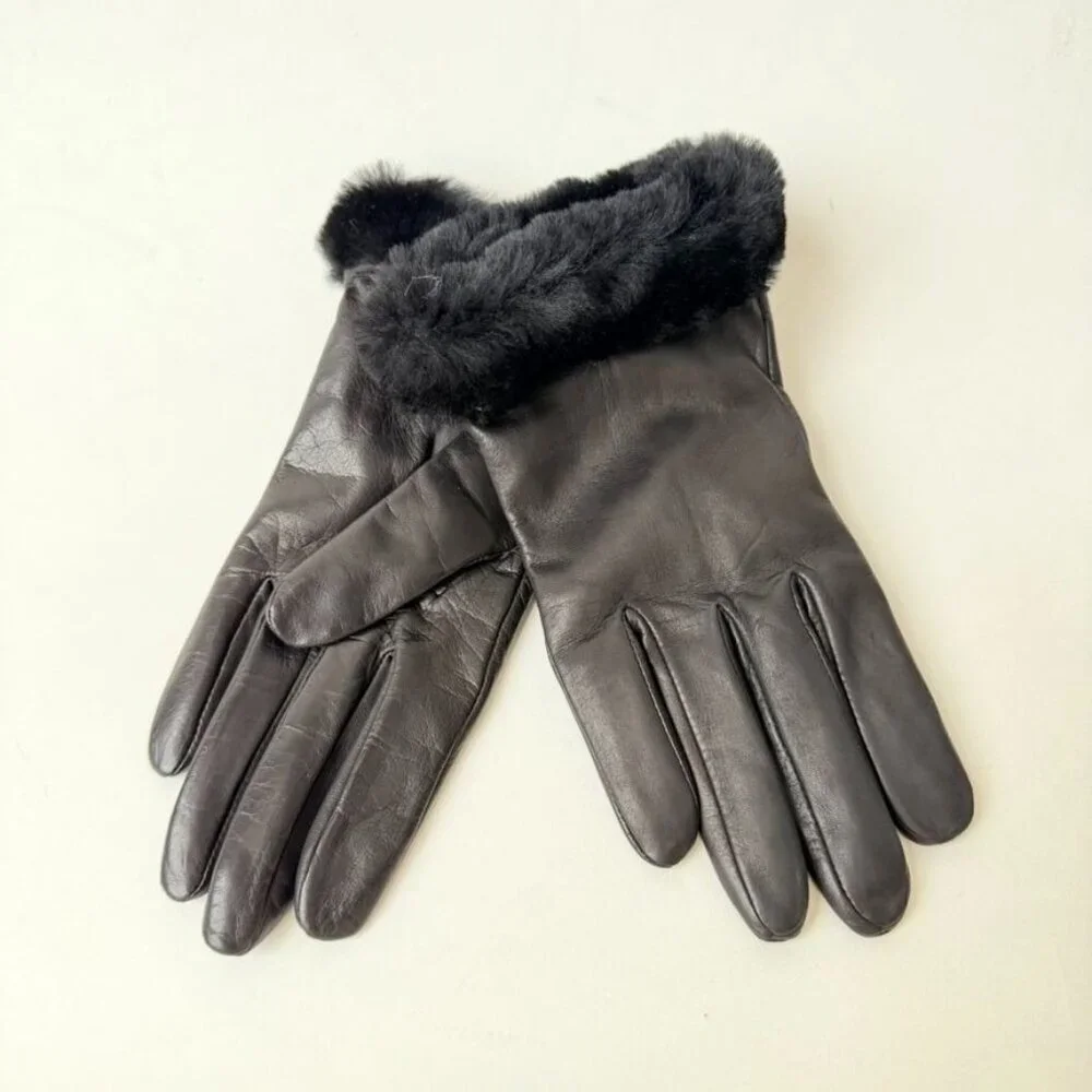 UGG Women’s Leather Vent Gloves Black Fur Cuff - Size M
